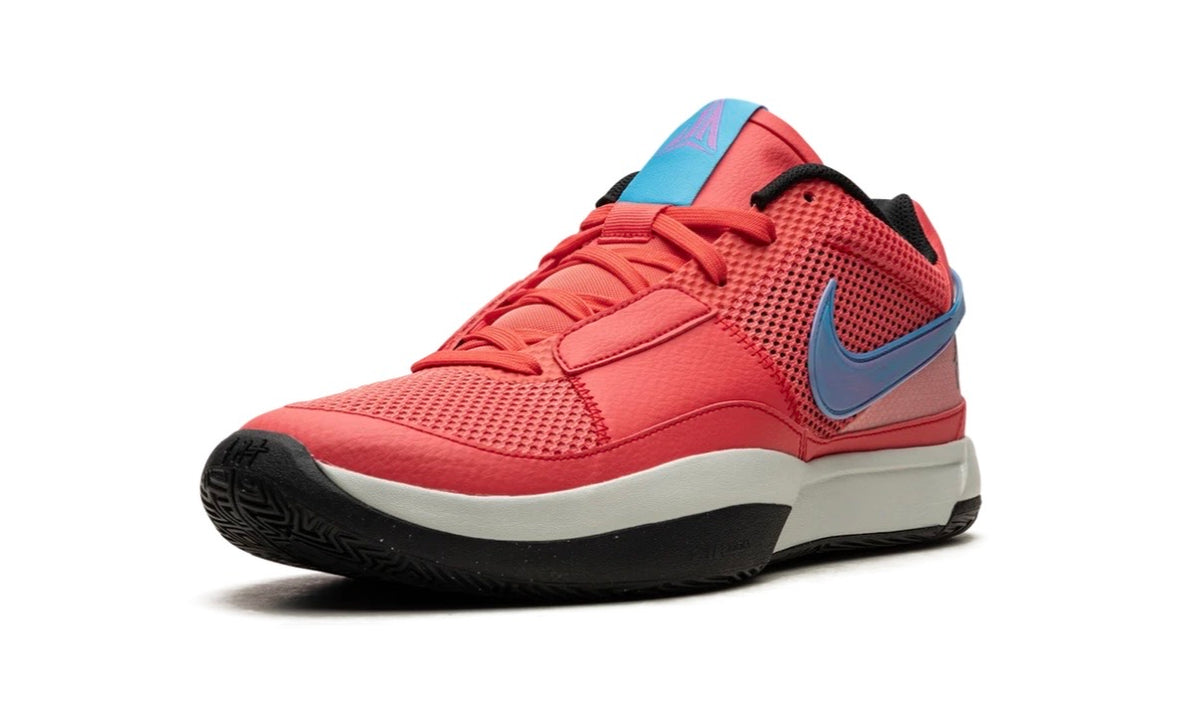 Nike Ja 1 Fuel, angled front view of the red upper and blue Swoosh