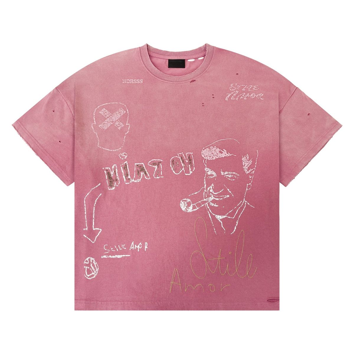 Stile De Amor Napoletano T-Shirt, faded pink tee with white sketch graphics of a man smoking a cigar and gold Stile Amor script