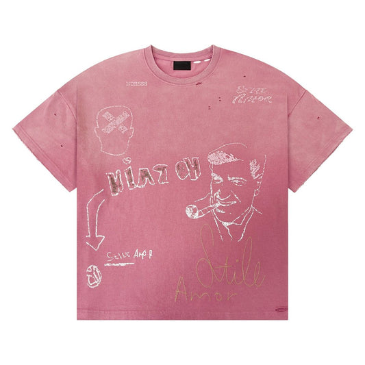 Stile De Amor Napoletano T-Shirt, faded pink tee with white sketch graphics of a man smoking a cigar and gold Stile Amor script
