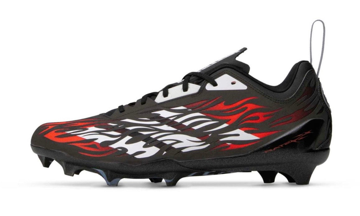 Hellstar Adidas Adizero Electric II Black Red White, side view of a black cleat with red and white flame graphics and heel pull loop