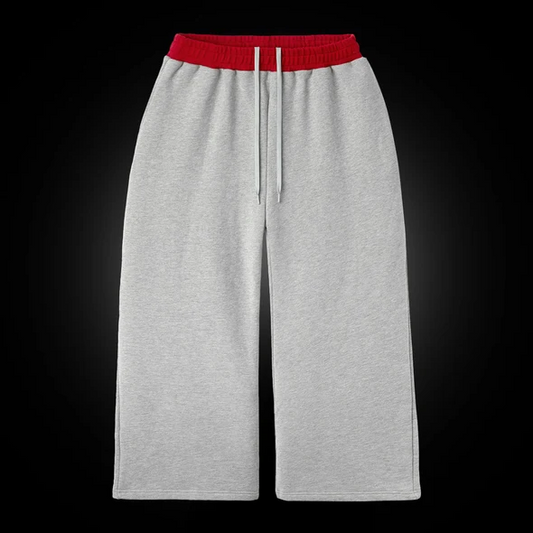 GV Gallery CEO Sweats front flat-lay — plain heather grey sweatpants with a red ribbed waistband and white drawcord