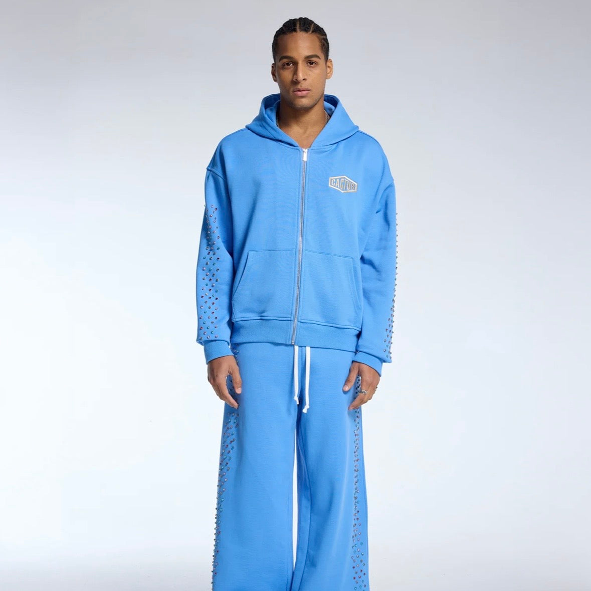 AZVA Baby Blue Crystal Cactus Zip Hoodie