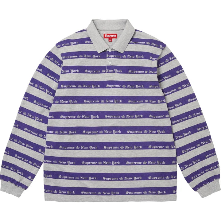 Heather grey and purple striped long sleeve knit polo with Supreme New York text