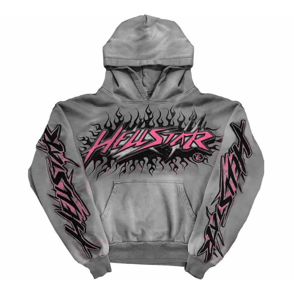 Hellstar Grey Future Flame Hoodie front with a pink chest wordmark in a black tribal flame halo