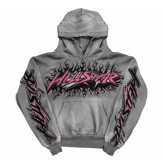 Hellstar Grey Future Flame Hoodie front with a pink chest wordmark in a black tribal flame halo