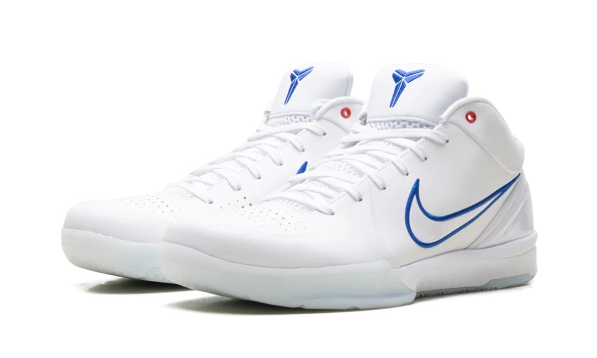 Nike Kobe 4 Protro Draft Day Pack Los Angeles Clippers, front view of the pair with blue Swooshes and blue Kobe sheath logos