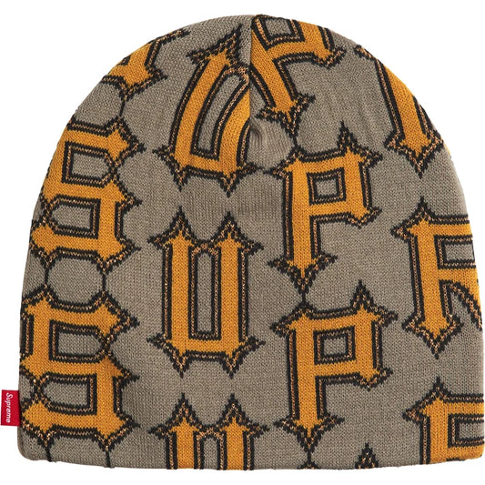 Supreme Spike beanie in grey with allover orange gothic Supreme letters outlined in black