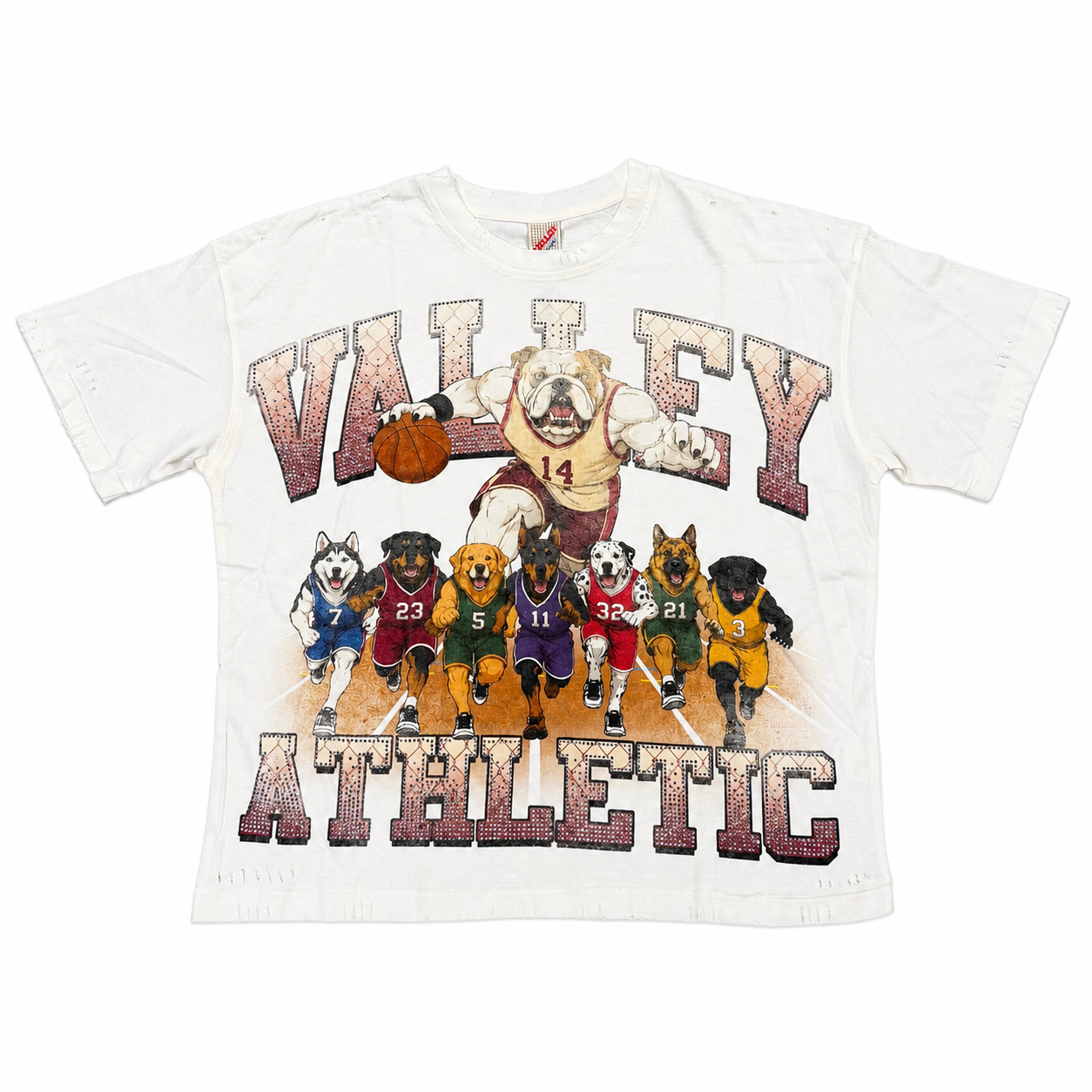 Vale White Dog Race Bling T-Shirt, front view of a white boxy tee with a bulldog in a maroon number 14 jersey above six dogs in coloured basketball jerseys, under rhinestone VALLEY ATHLETIC lettering