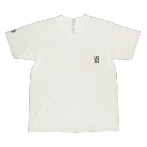 Chrome Hearts White Embroidered Eyechart Logo T-Shirt, cream crewneck tee laid flat with small dark print on the chest pocket