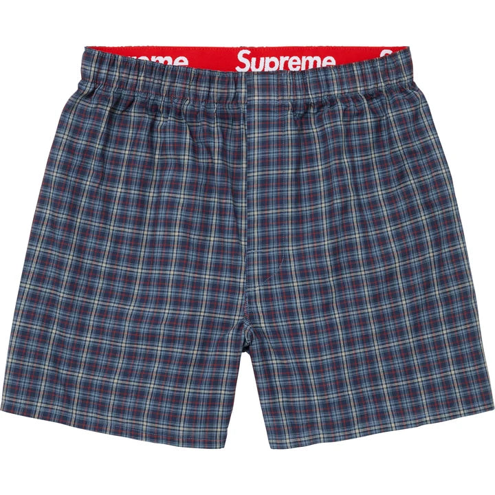 Supreme Multicolor Plaid Boxers flat lay in navy and blue plaid, full front view