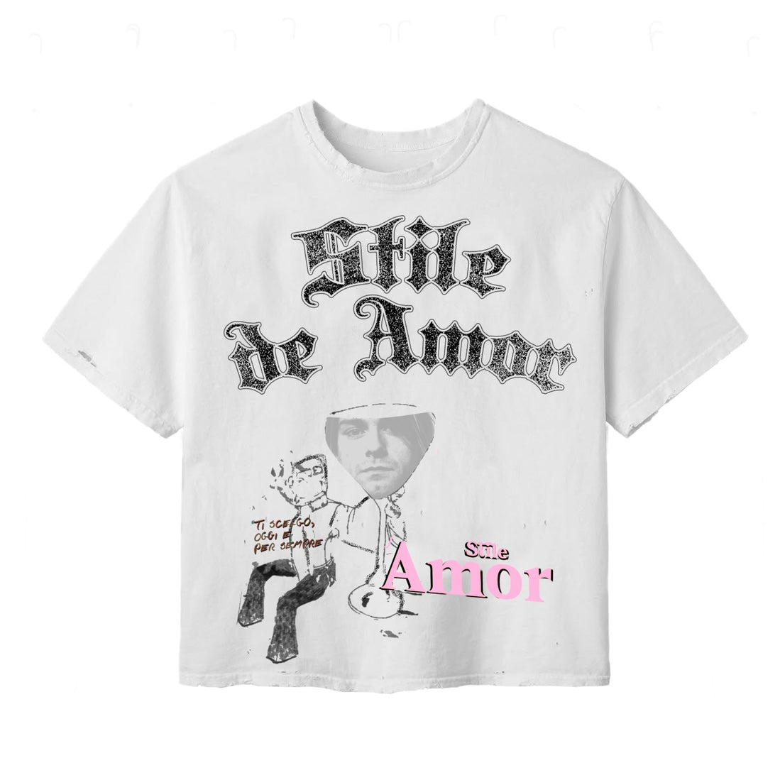 Stile De Amor Martini tee in white with grey gothic Stile de Amor lettering, a sketched seated figure and pink Amor script