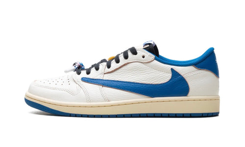Travis Scott Jordan 1 Low Fragment Sail Military Blue, side view, sail leather upper with blue swoosh and heel, cream midsole