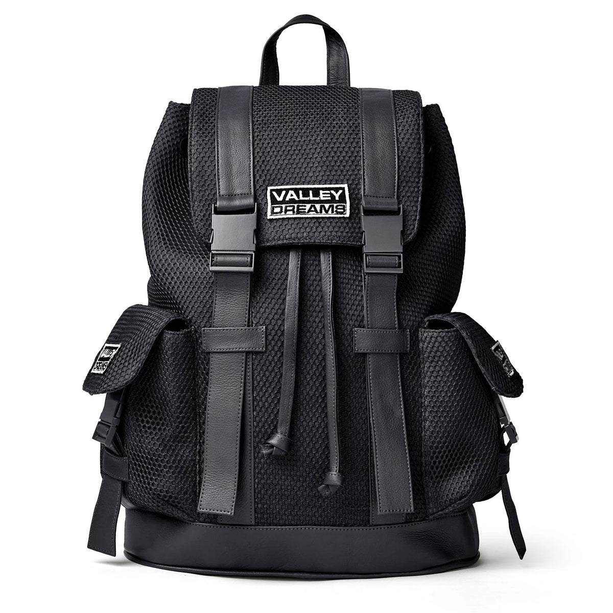 Vale Black Ops Backpack, black mesh rucksack with buckle straps, a Valley Dreams patch and two side pockets