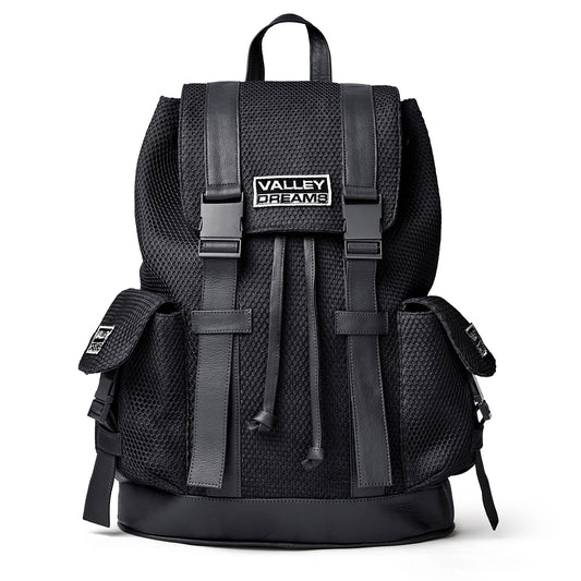 Vale Black Ops Backpack, black mesh rucksack with buckle straps, a Valley Dreams patch and two side pockets