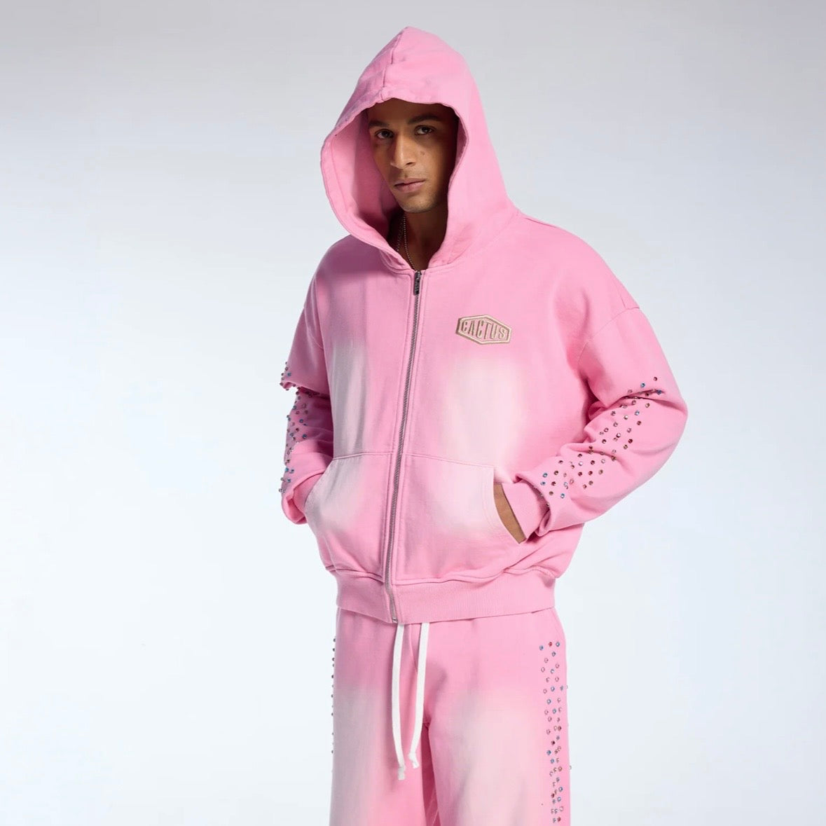 AZVA Pink Crystal Cactus Zip Hoodie