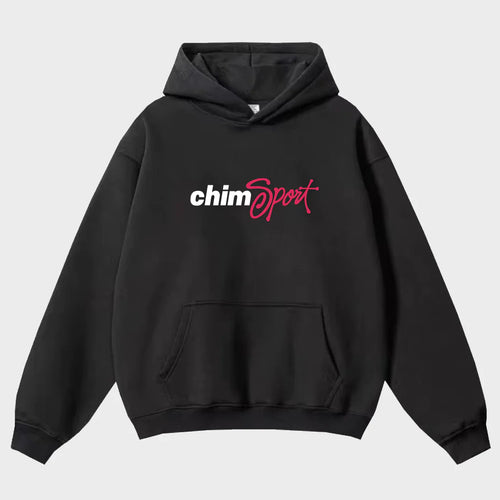 HMDD Black Chim Sport Hoodie, black hoodie with chim in white and Sport in pink script across the chest
