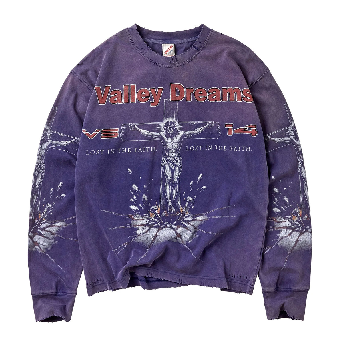 Vale Navy Concrete Cross Long Sleeve front - washed purple-navy with Valley Dreams in red script above the cross