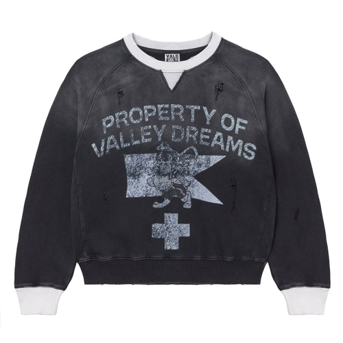 Vale Black Prison Break Crewneck, faded black raglan sweatshirt, white ribbed collar and cuffs, PROPERTY OF VALLEY DREAMS flag print