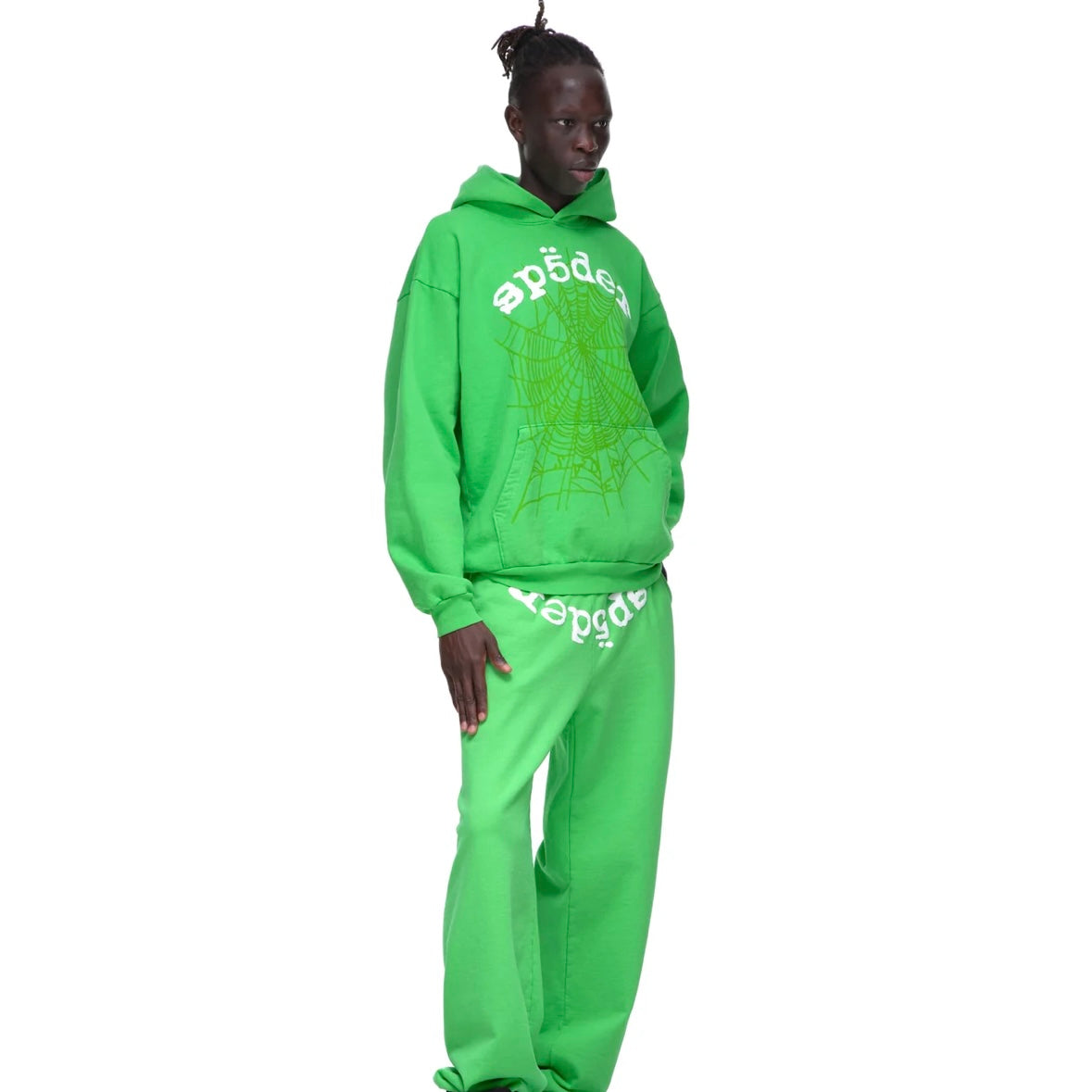 Sp5der Green White Legacy Hoodie On Body Full Outfit