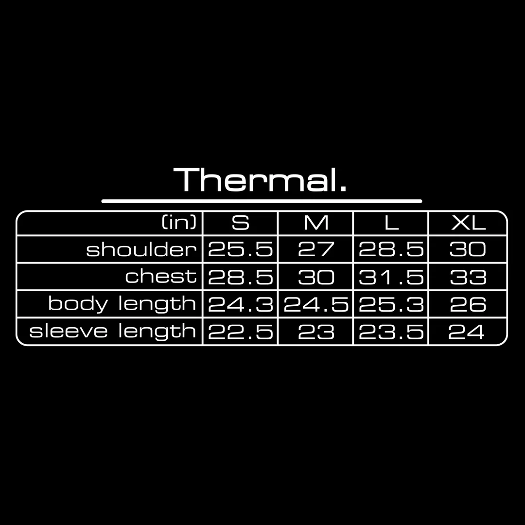 GV Gallery Khalifa Thermal size chart in inches for shoulder, chest, body length and sleeve length