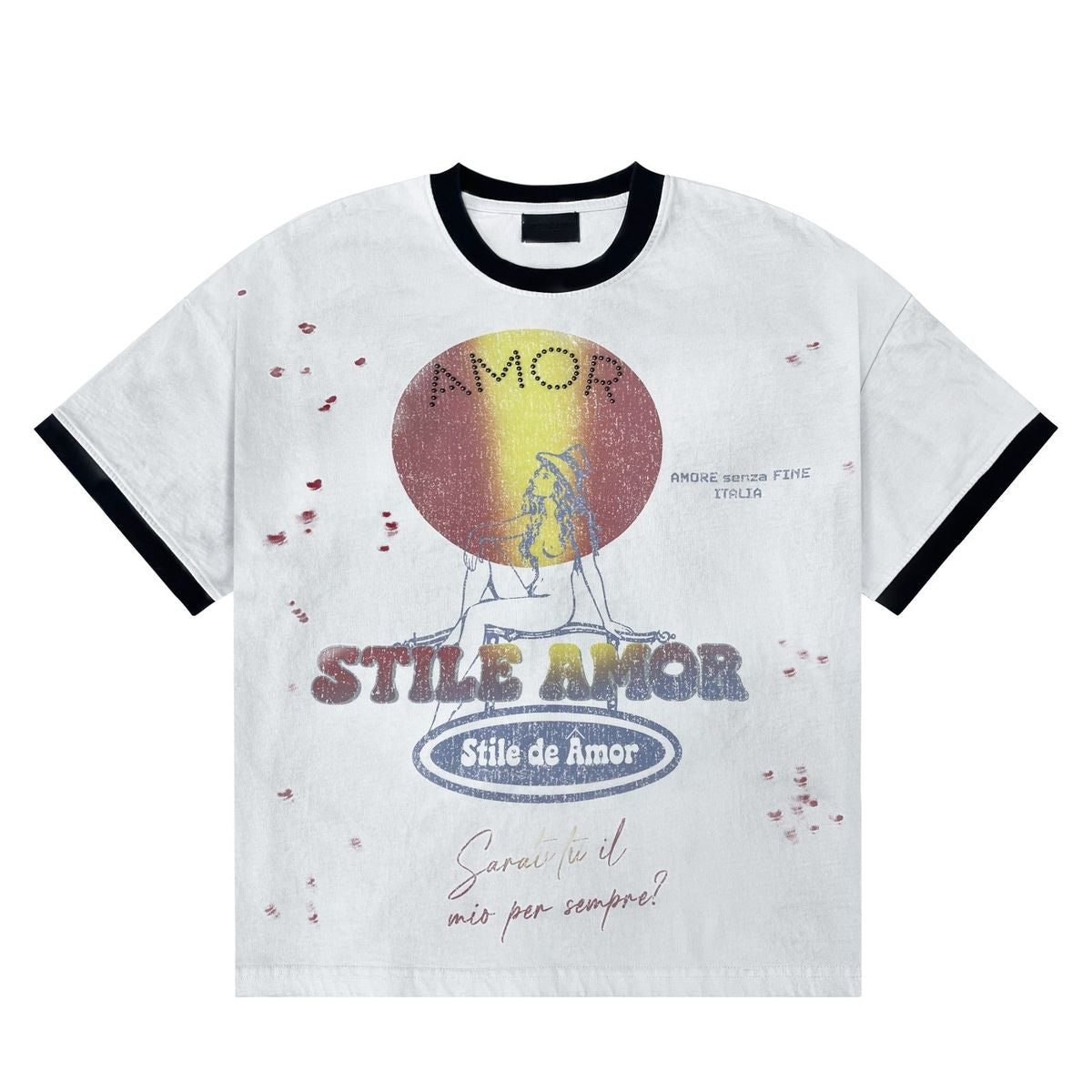 Stile De Amor White Buon Vino T-Shirt, front view of a white ringer tee with black collar and cuffs, a gradient wine glass in a dark red circle and distressed STILE AMOR lettering