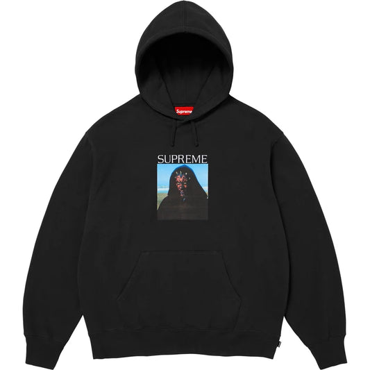 Supreme Black Sith Hoodie, black hoodie with a Supreme photo print of a horned red and black face on the chest