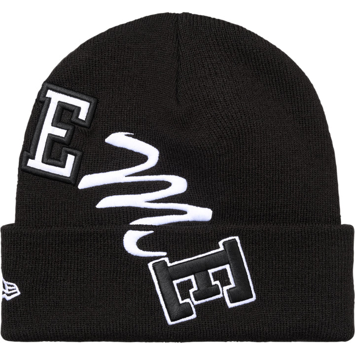 Supreme Black New Era Arc Beanie angled view showing the E, script M and block E letters