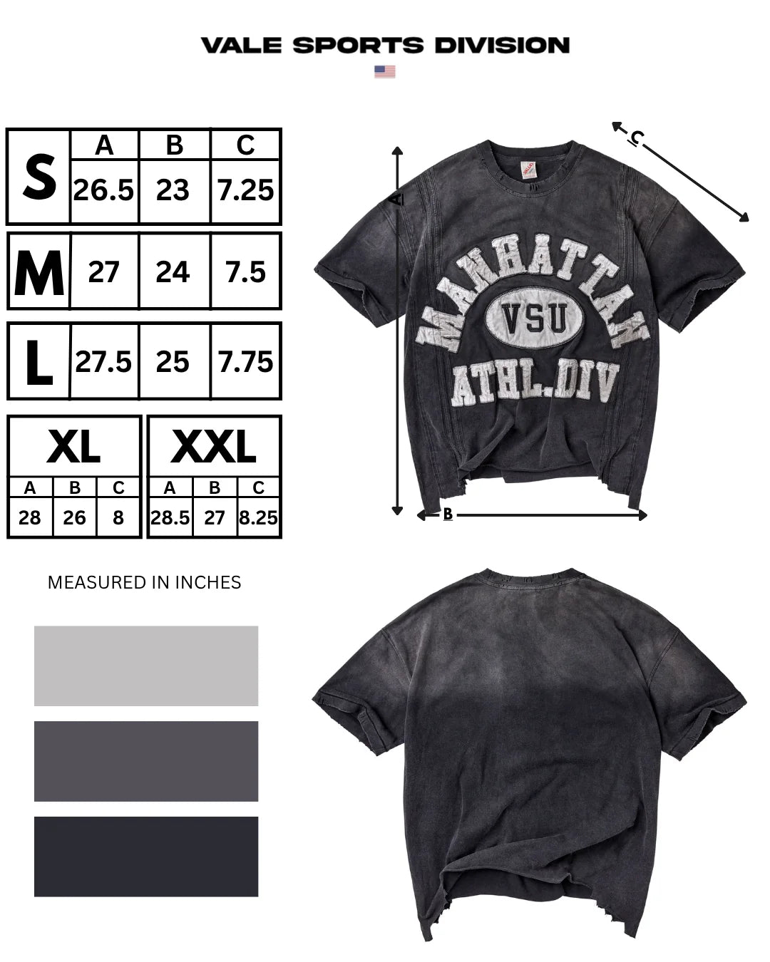 Vale Black Manhattan Thrashed T-Shirt size chart showing length, width and sleeve columns