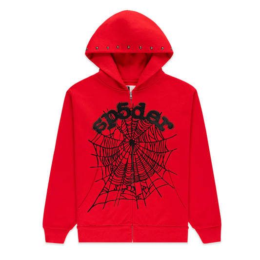Sp5der Red OG Web Studded Zip Hoodie