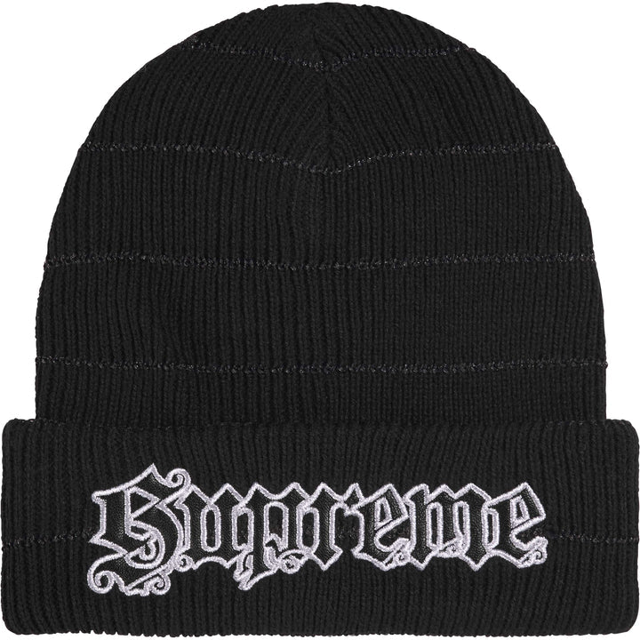 Supreme Black Metallic Stripe Beanie front view with tonal stripes and Old English Supreme cuff logo