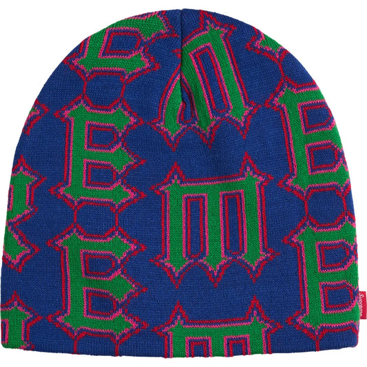 Supreme Spike beanie in royal blue with allover green gothic Supreme letters outlined in red