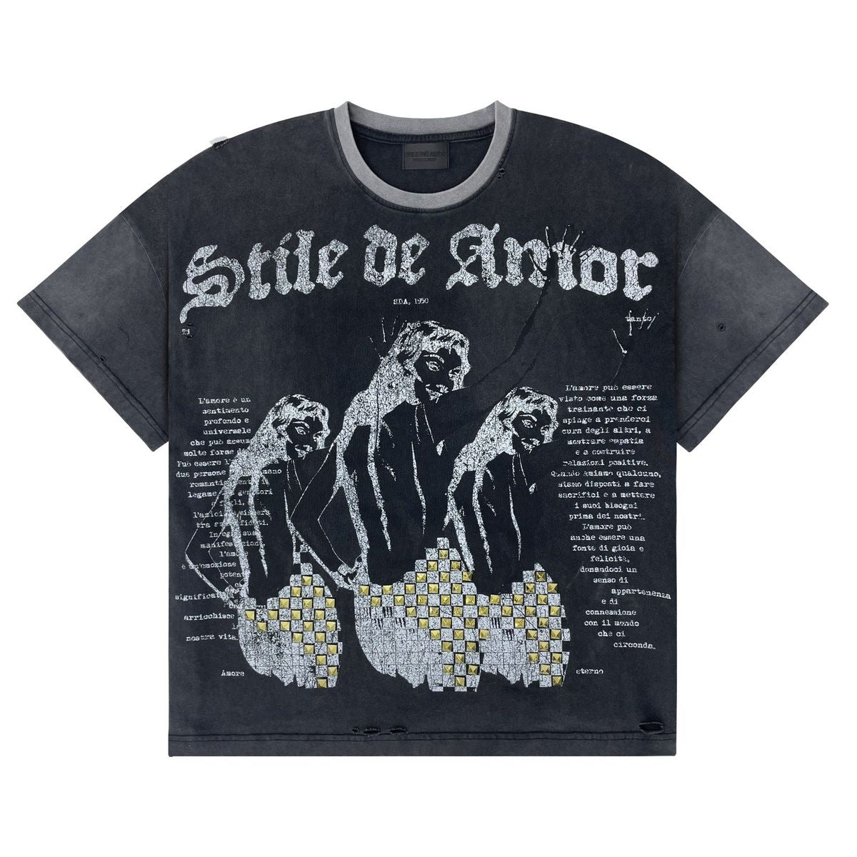 Stile De Amor 1950 Amor T-Shirt, washed black tee with gothic Stile De Amor lettering, three robed figures and gold studs