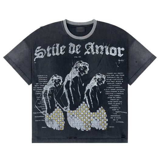 Stile De Amor 1950 Amor T-Shirt, washed black tee with gothic Stile De Amor lettering, three robed figures and gold studs