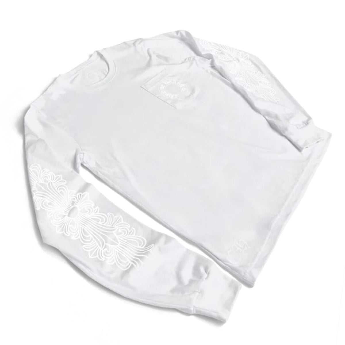 Chrome Hearts White Pocket Long Sleeve front view with the chest patch pocket and tonal sleeve print