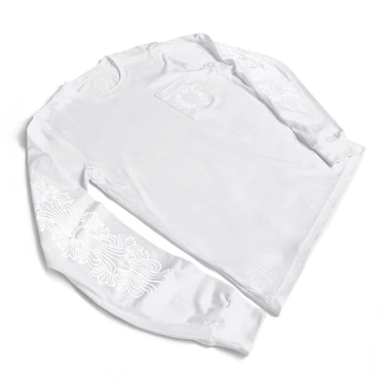 Chrome Hearts White Pocket Long Sleeve front view with the chest patch pocket and tonal sleeve print