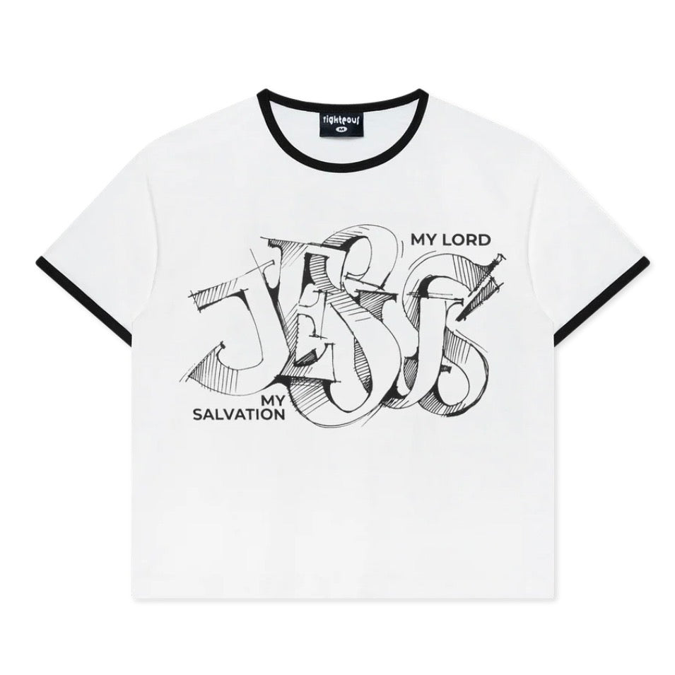 We Are Righteous My Salvation Ringer Tee front with black trim and outlined Jesus lettering print