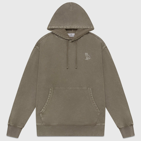 OVO Washed Brown Hoodie, flat-lay washed brown pullover with a small tonal owl embroidered on the chest