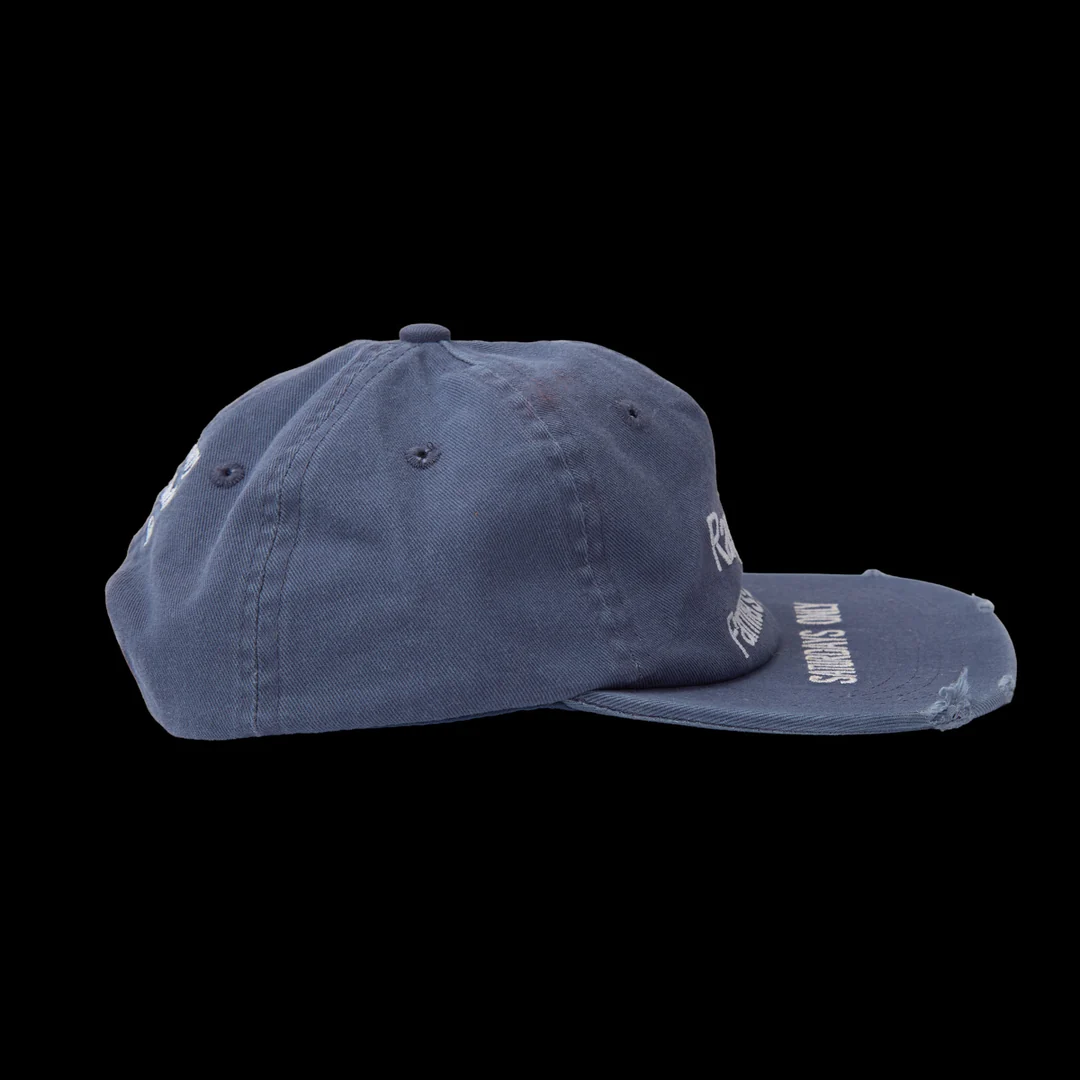 GV Gallery Farmers Market Hat, side profile of the washed navy cap and distressed brim