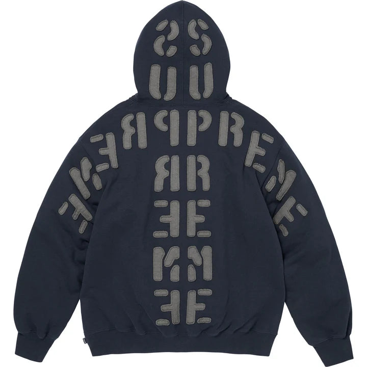 Back of the Supreme Mirrored Applique hoodie in navy with grey SUPREME lettering applied vertically and horizontally in mirrored form