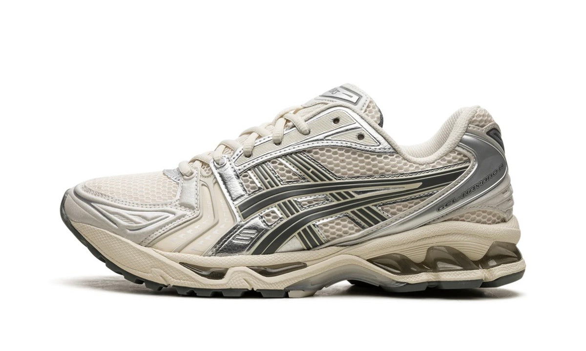 Asics Gel-Kayano 14 in birch cream with dark pewter and silver overlays, lateral side profile