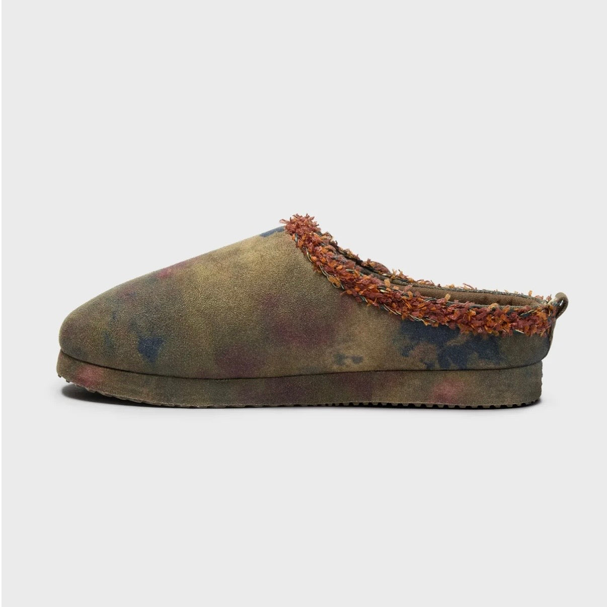 HMDD Graffiti Mule, opposite side profile of the mottled suede clog with orange trim and no pins on this side