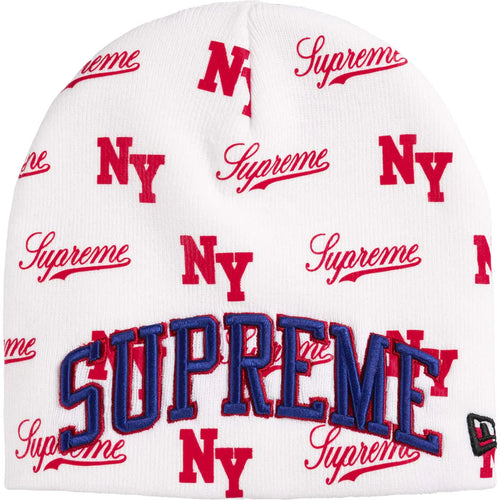 Supreme New Era White Monogram Beanie, white knit beanie in all-over red NY monogram with a red and navy arched varsity logo