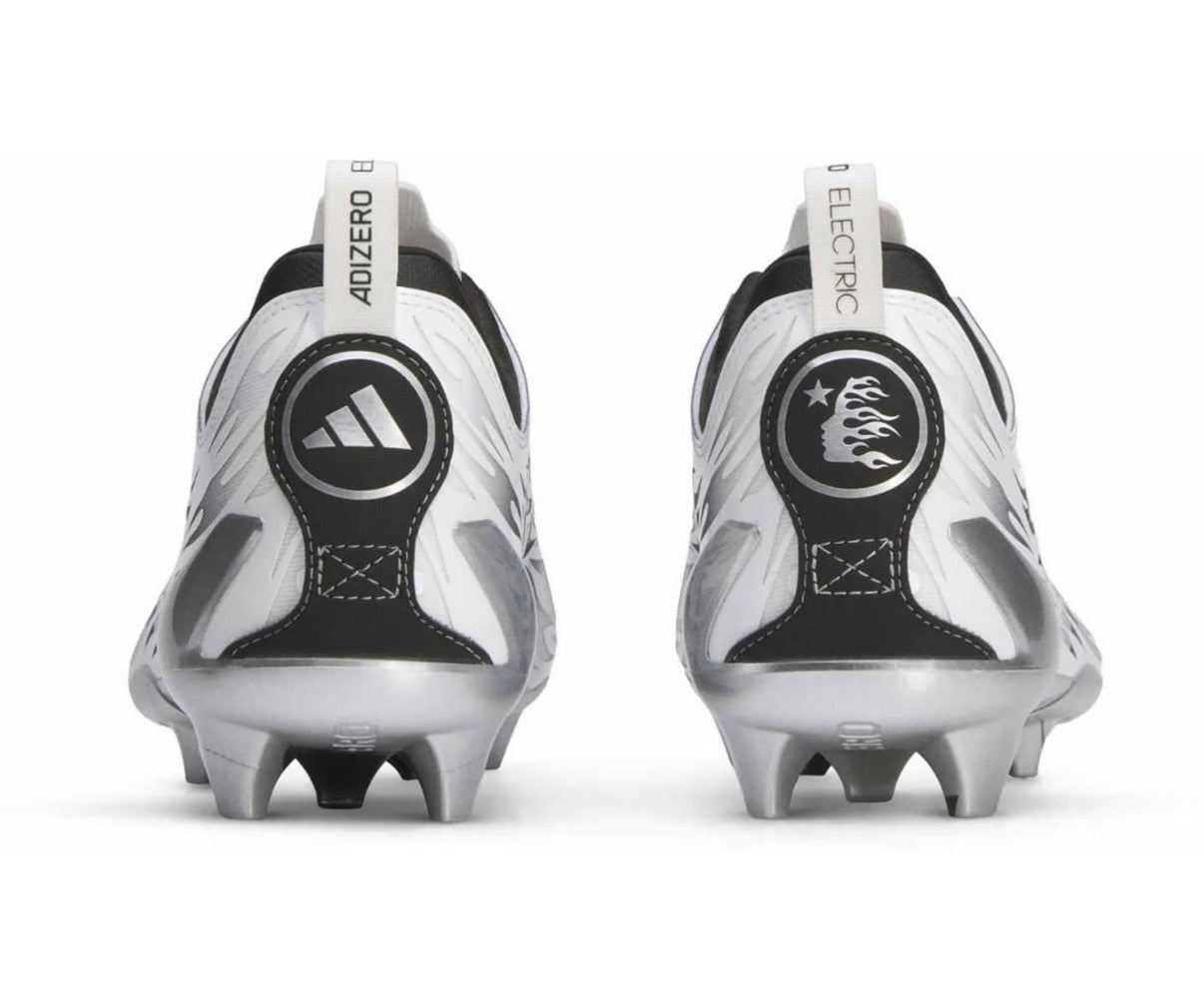 Hellstar Adidas Adizero Electric II White Black Silver, back view of the pair with Adizero Electric heel tabs and silver studs
