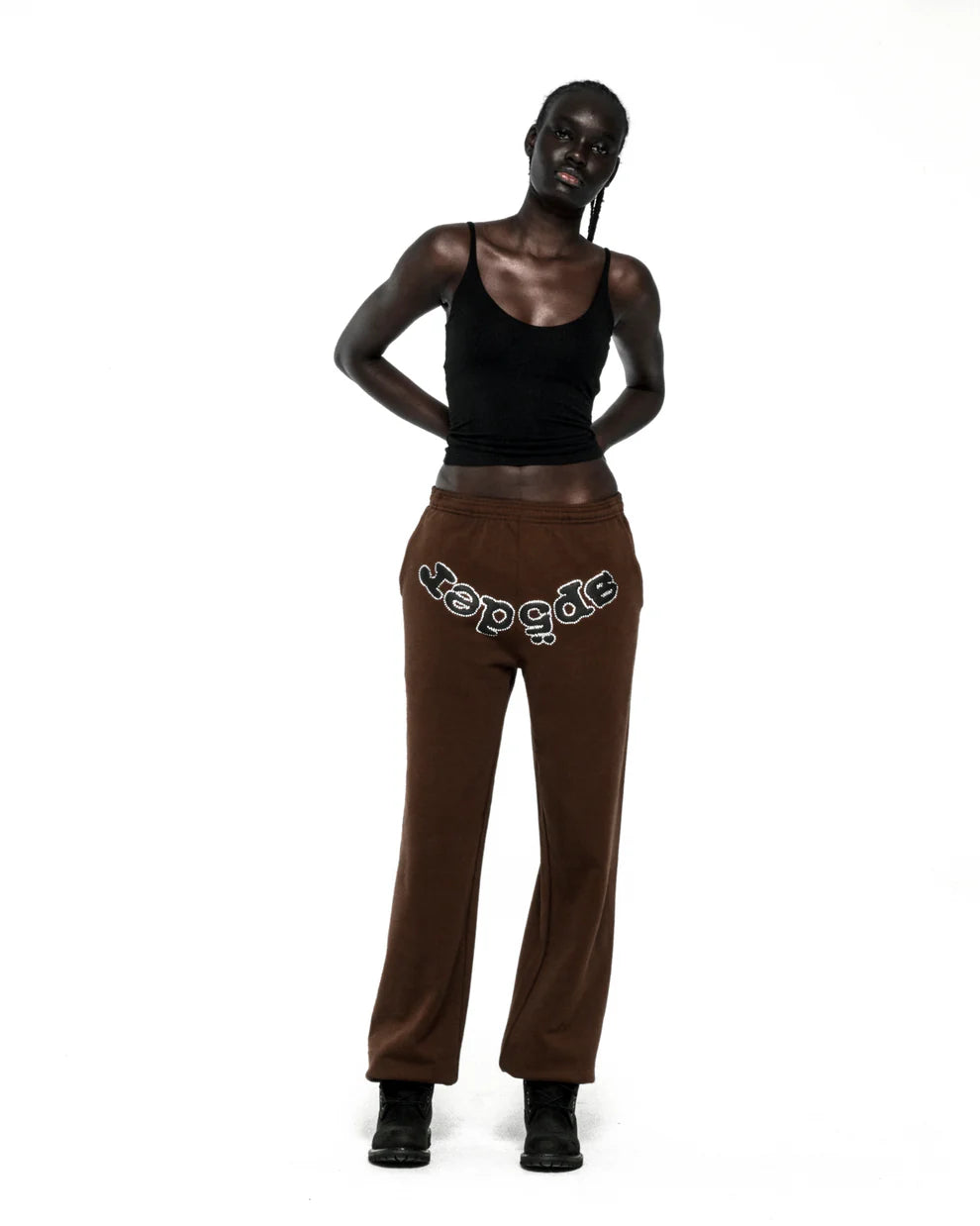 Sp5der Brown Rhinestone OG Web Sweatpants