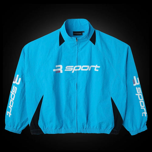 GV Gallery Bermuda Track Jacket, turquoise full-zip jacket with black collar, white chest and sleeve logos, elastic cuffs