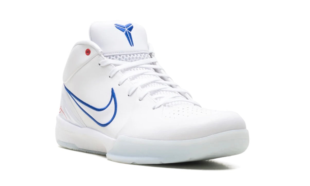 Nike Kobe 4 Protro Draft Day Pack Los Angeles Clippers, front three-quarter of one white shoe with blue Swoosh and red eyelet