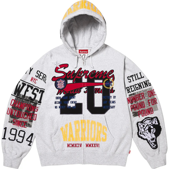Supreme Ash Grey Warriors Applique Zip Hoodie