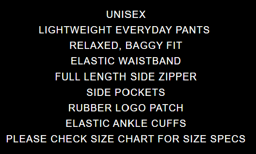 GV Gallery Everyday Sweatpants, spec card listing the relaxed fit, side zipper and elastic cuffs