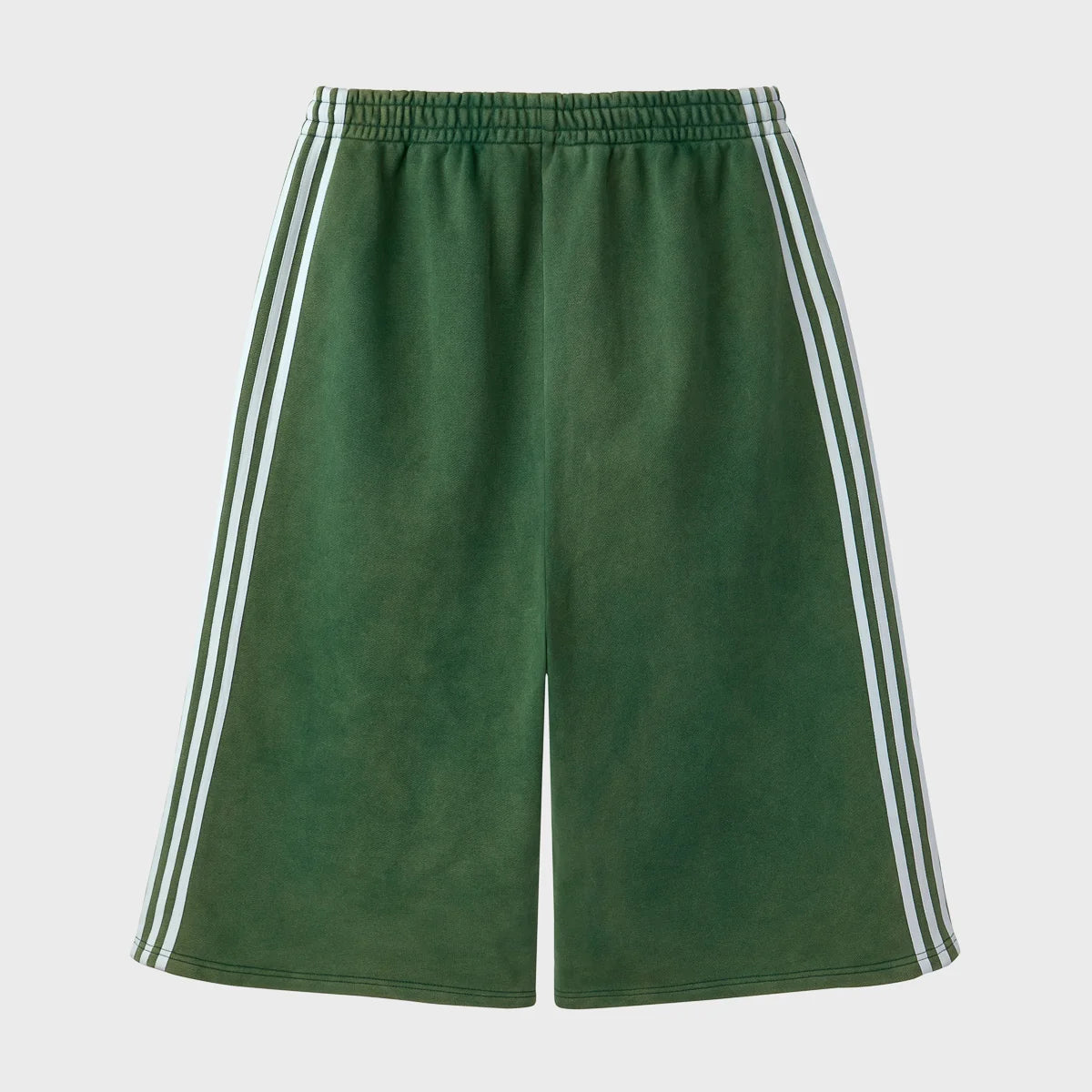 Back view of the HMDD Pear Tech 3/4 shorts in washed green fleece with white stripes on both side seams and a plain seat