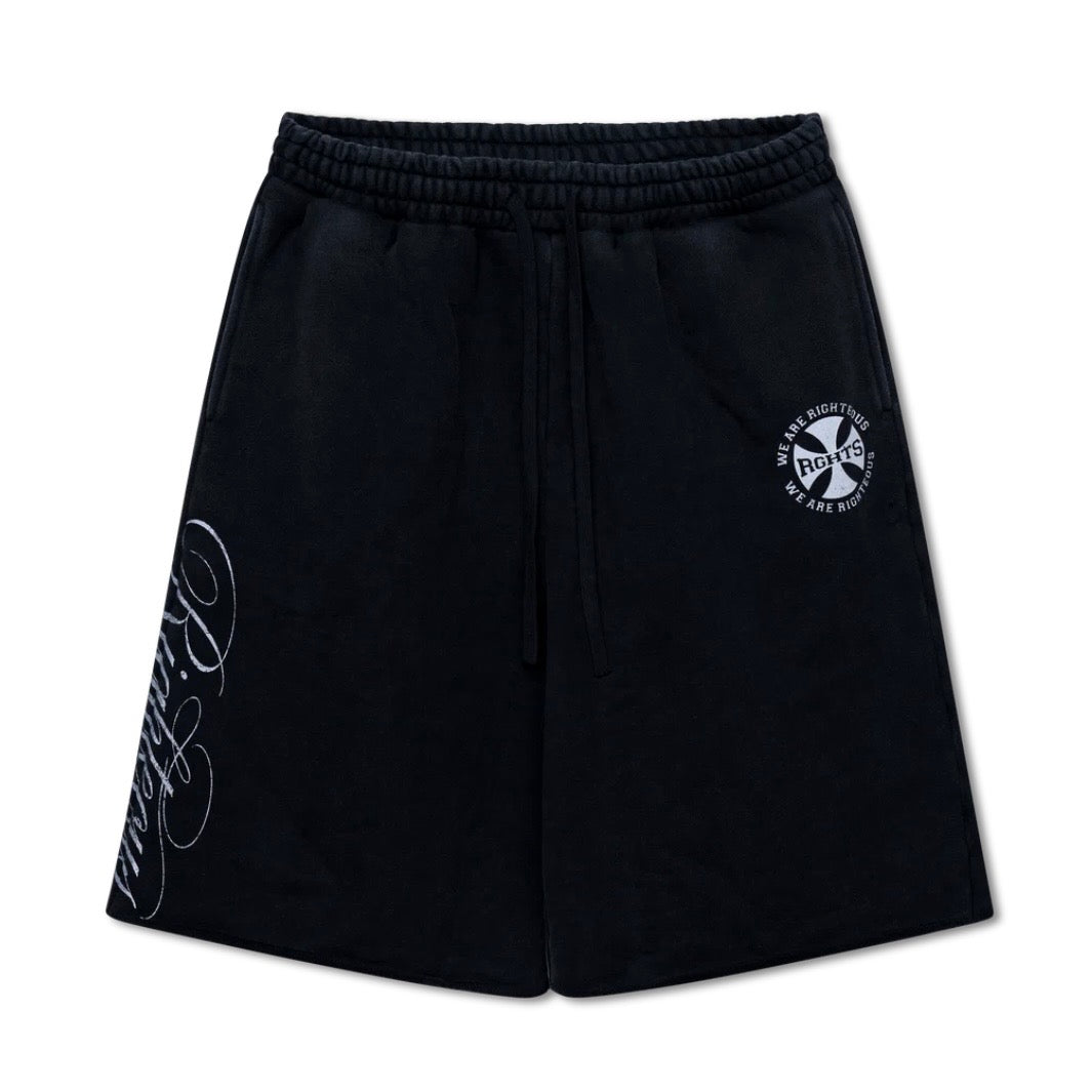 We Are Righteous Black Everyday Sweatshorts front view with drawcord waist and circular cross emblem